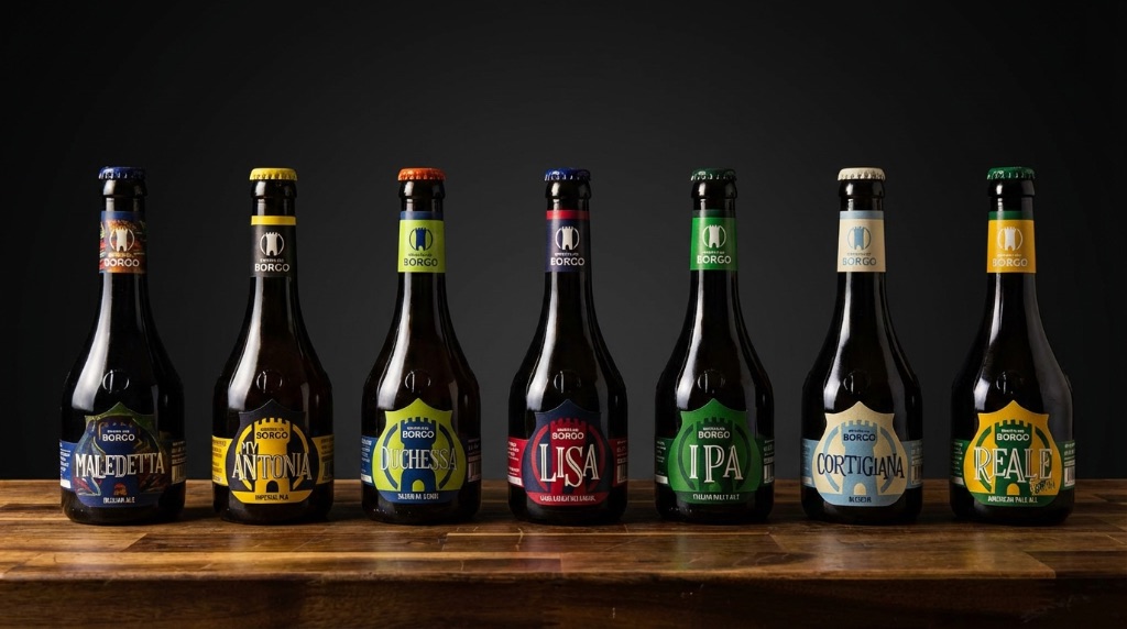 Le sette birre di Birra del Borgo in fila su un tavolo di legno